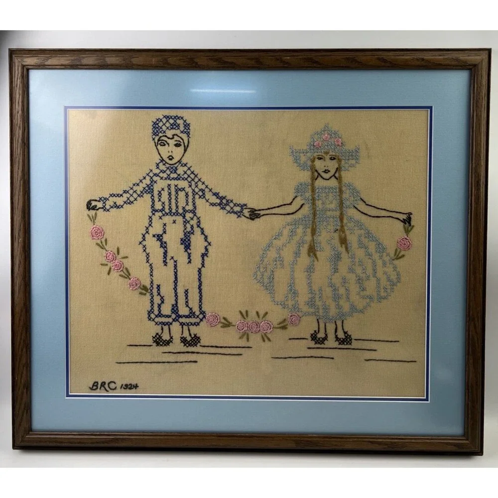 Cross Stitch Picture Art Of Two - 1924 Initials: BRC Protective Glass Framed
